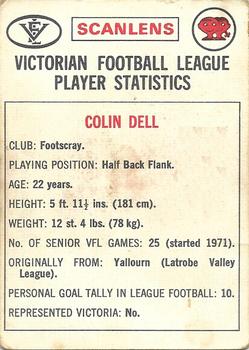 1974 Scanlens VFL #104 Colin Dell Back